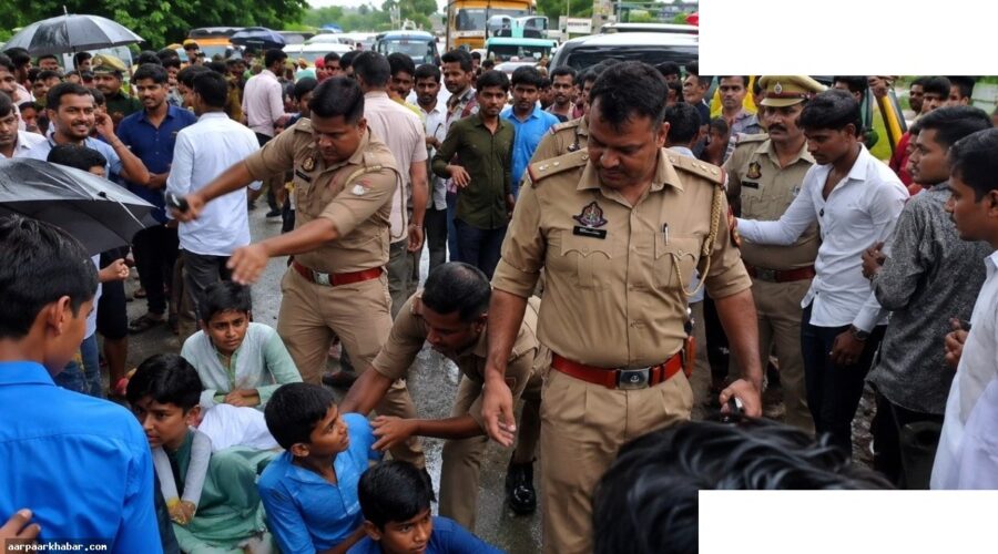 महोबा में स्कूली बच्चों का प्रदर्शन, पुलिस की बदसलूकी
